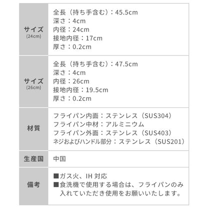 tesione テシオン ステンレス フライパン 24cm 26cm フッ素不使用 3層構造 ステンレスフライパン 深型 フライパン IH対応 ガス火OK TS-010