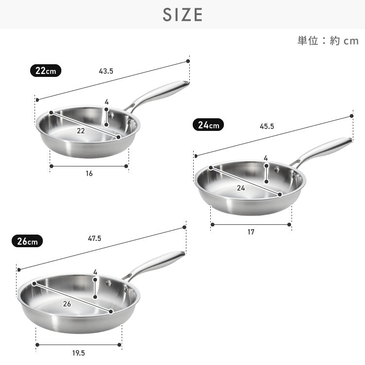 tesione テシオン ステンレス フライパン 22cm 24cm 26cm フッ素不使用 3層構造 ステンレスフライパン 深型 フライパン IH対応 ガス火OK TS-010