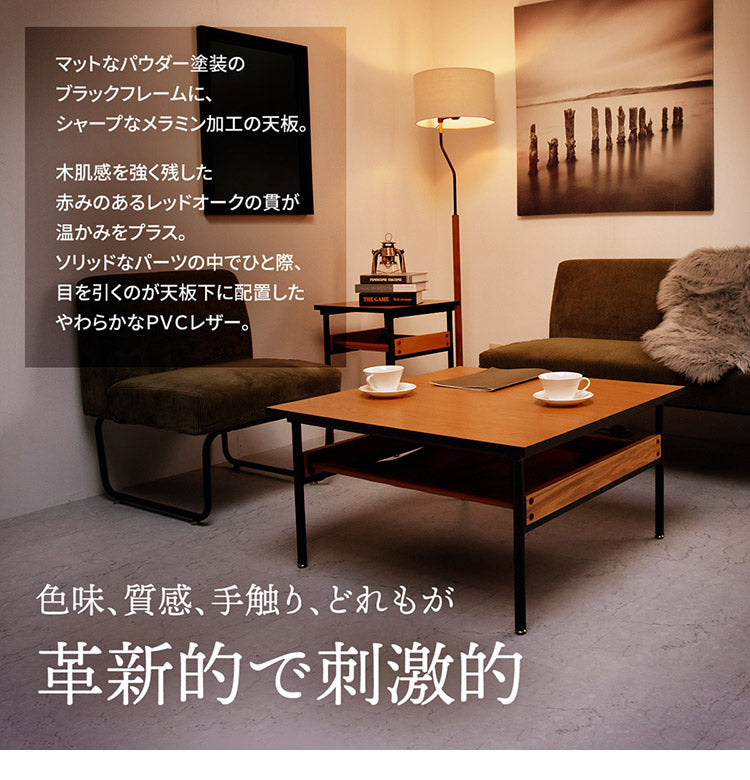 レザー棚付きセンターテーブル 幅75cm 正方形 PVCレザー ブラックフレーム 防水 ローテーブル おしゃれ センターテーブル テーブル ローテーブル センターテーブル francis(代引不可)