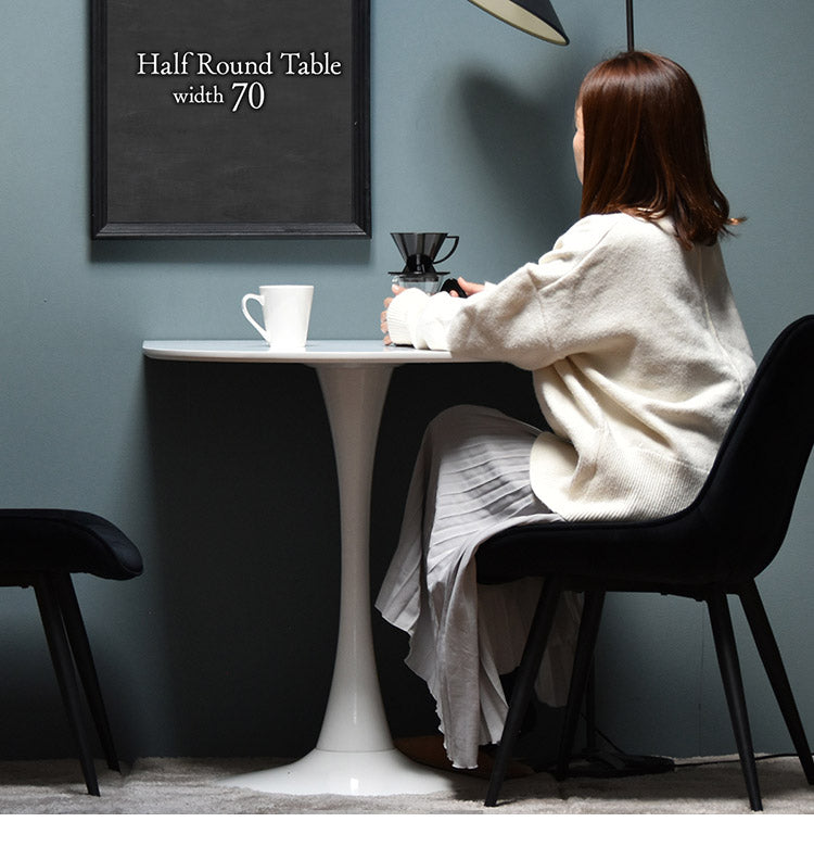 ハーフラウンドテーブル 70cm【ホワイト】 W700×D700×H730mm  半円テーブル チューリップコーヒーテーブル カフェテーブル ラウンドテーブル カマボコ型テーブル D型テーブル(代引不可)