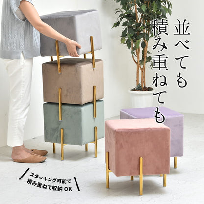 スツール おしゃれ ベロア 四角 スクエア コンパクト ピンク グレー ベロア調 くすみカラー 韓国 かわいい 姫系 北欧 ガーリー チェア オットマン 金脚 ベルベット マーメイド 背無し ドレッサーチェア 椅子 スタッキング (代引不可)