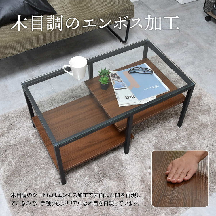 ガラスセンターテーブル Exie強化ガラス×収納棚付きシンプルデザイン