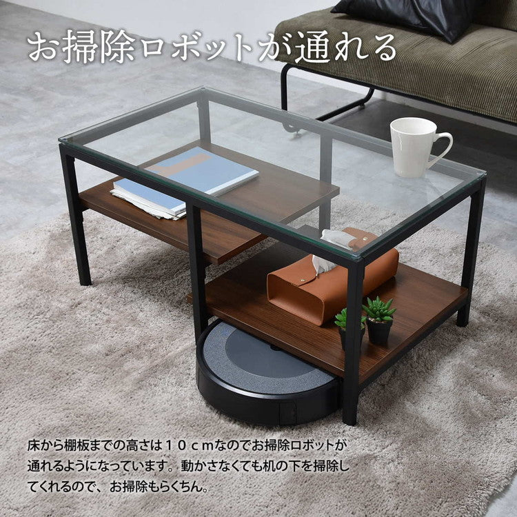 ガラスセンターテーブル Exie強化ガラス×収納棚付きシンプルデザイン