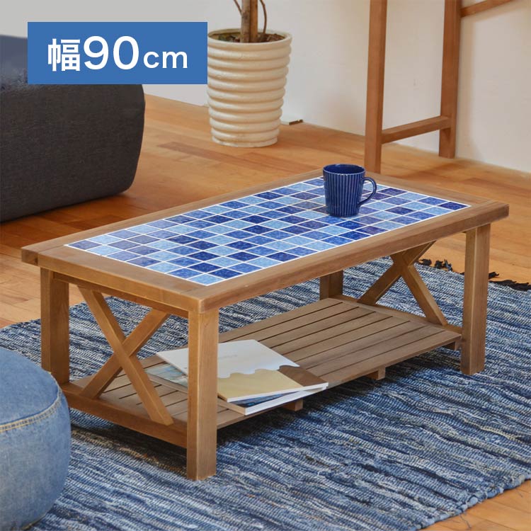 センターテーブル PUDDLE 幅90 奥行き45 高さ35 テーブル 机 ローテーブル 天然木 木製 棚付き 収納付き タイル おしゃれ 北欧 西海岸 リビング(代引不可)