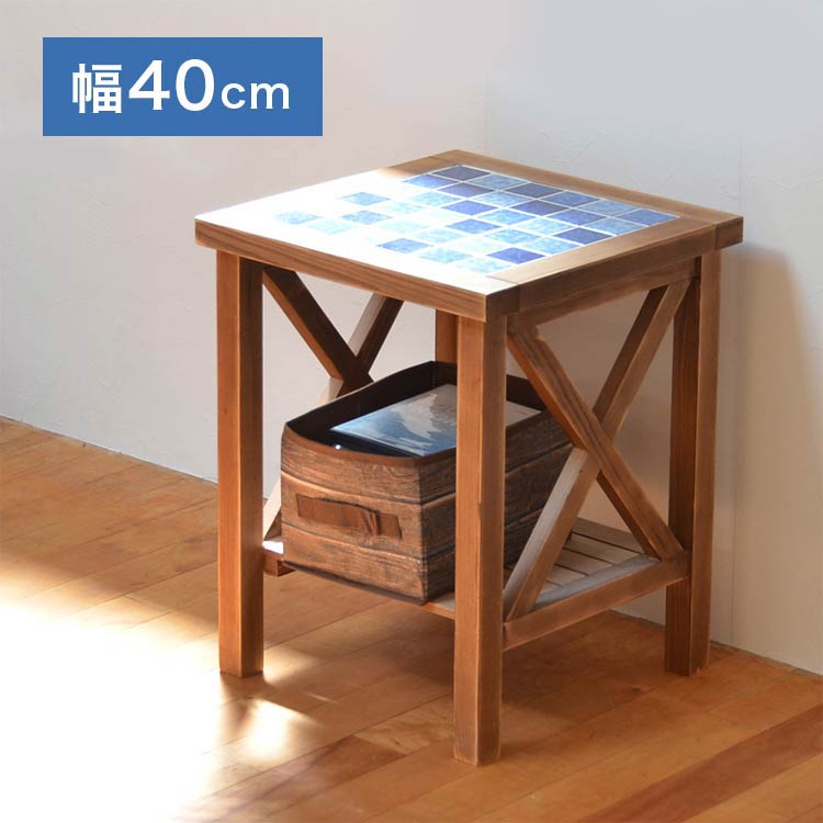 サイドテーブル PUDDLE 幅40 奥行き40 高さ50 テーブル わき机 袖机 ナイトテーブル 天然木 木製 棚付き 収納付き タイル おしゃれ 北欧 西海岸(代引不可)