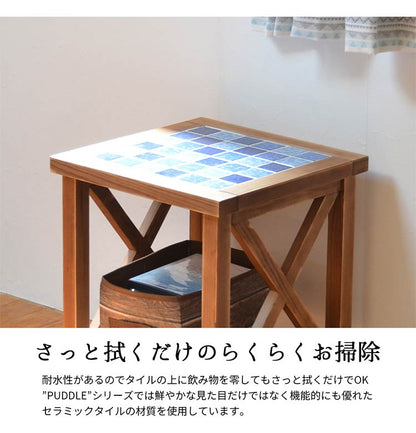 サイドテーブル PUDDLE 幅40 奥行き40 高さ50 テーブル わき机 袖机 ナイトテーブル 天然木 木製 棚付き 収納付き タイル おしゃれ 北欧 西海岸(代引不可)