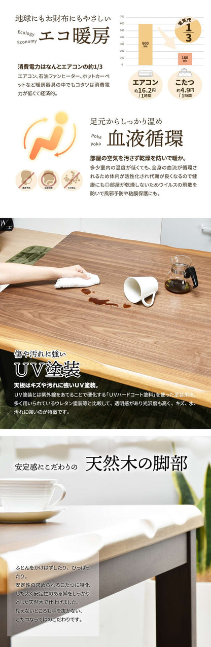 ウォールナット突板 ハイコタツ幅135(4点セット) コタツ コタツ布団 敷き布団 掛け布団 コタツテーブル コタツチェア ダイニングコタツ ローテーブル ダイニング 暖冬 冬 暖房(代引不可)