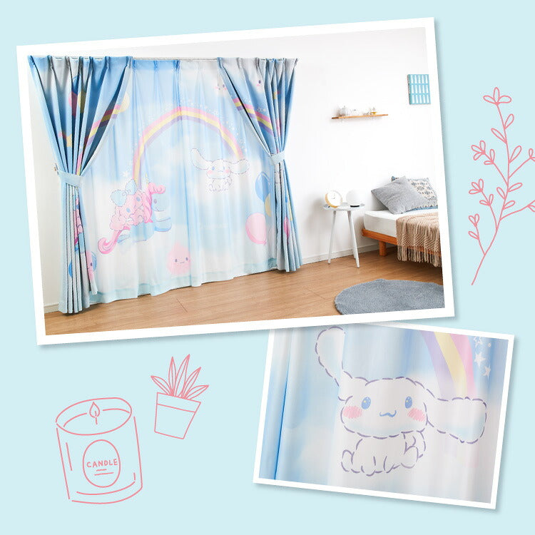 シナモン絵羽レースカーテン 2枚組 100×133cm UVカット 洗える 洗濯 プライバシー 目隠し フック付き カーテン 紫外線 おしゃれ かわいい サンリオ シナモロール ポロン コルネ(代引不可)