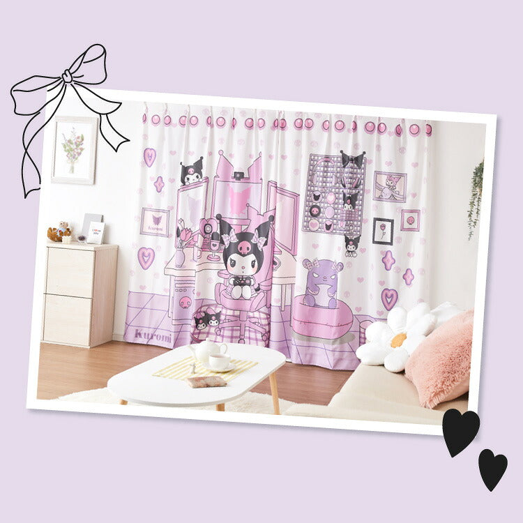 クロミ絵羽レースカーテン 2枚組 100×108cm UVカット 洗える 洗濯 プライバシー 目隠し フック付き カーテン 紫外線 おしゃれ かわいい サンリオ マイメロディ クロミ バク(代引不可)