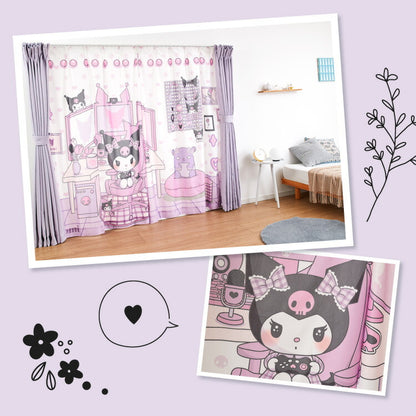 クロミ絵羽レースカーテン 2枚組 100×108cm UVカット 洗える 洗濯 プライバシー 目隠し フック付き カーテン 紫外線 おしゃれ かわいい サンリオ マイメロディ クロミ バク(代引不可)