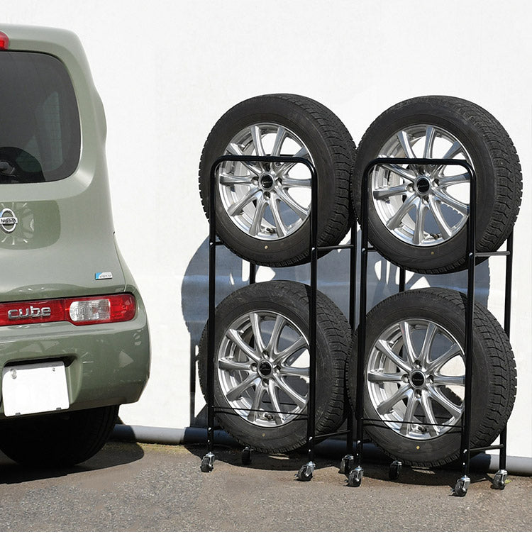 日本製 カバー付き薄型タイヤラック2個組 (幅23・外径68cmまで対応) 軽自動車用 冬タイヤ 保管 キャスター付き 頑丈 丈夫 スリム コンパクト すき間 隙間 タイヤ収納 ブラック 黒(代引不可)