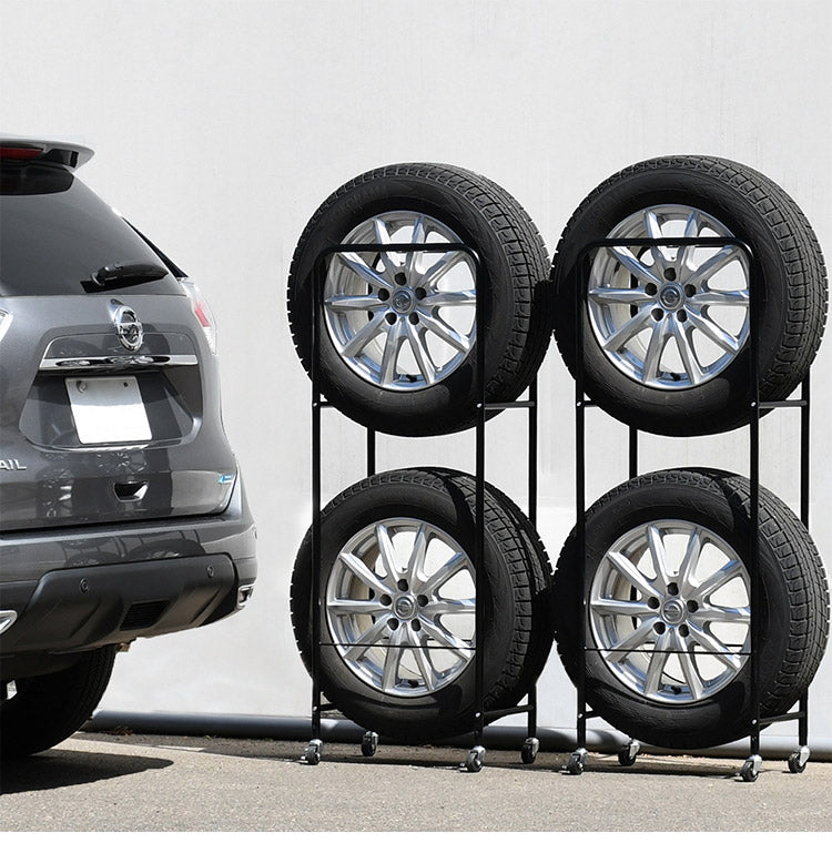 日本製 カバー付き薄型タイヤラック2個組 (幅28・外径80cmまで対応) SUV/RV車用 冬タイヤ 保管 キャスター付き 頑丈 丈夫 スリム コンパクト すき間 隙間 タイヤ収納 ブラック 黒(代引不可)