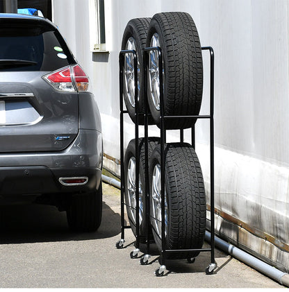 日本製 カバー付き薄型タイヤラック2個組 (幅28・外径80cmまで対応) SUV/RV車用 冬タイヤ 保管 キャスター付き 頑丈 丈夫 スリム コンパクト すき間 隙間 タイヤ収納 ブラック 黒(代引不可)