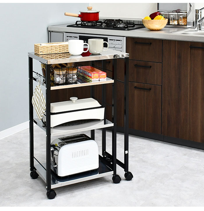 日本製 しまえる作業台付きキッチン家電ワゴン 幅52~78cm 天板伸縮式 キッチンワゴン 伸長式 ステンレス 作業台 レンジ台 トースターラック コンパクト スリム(代引不可)