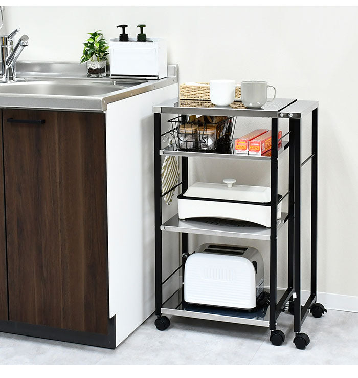 日本製 しまえる作業台付きキッチン家電ワゴン 幅52~78cm 天板伸縮式 キッチンワゴン 伸長式 ステンレス 作業台 レンジ台 トースターラック コンパクト スリム(代引不可)