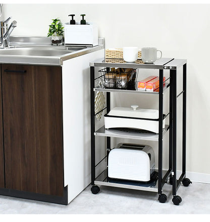 日本製 しまえる作業台付きキッチン家電ワゴン 幅52~78cm 天板伸縮式 キッチンワゴン 伸長式 ステンレス 作業台 レンジ台 トースターラック コンパクト スリム(代引不可)