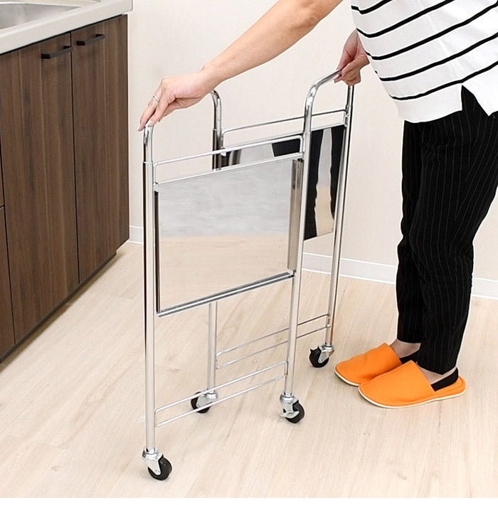 日本製 たためるステンレス棚ワゴン 32×45 キッチンワゴン キャスター付き キッチンラック キッチン収納 ランドリーワゴン プランタースタンド 取っ手 折りたたみ式 省スペース スリム(代引不可)