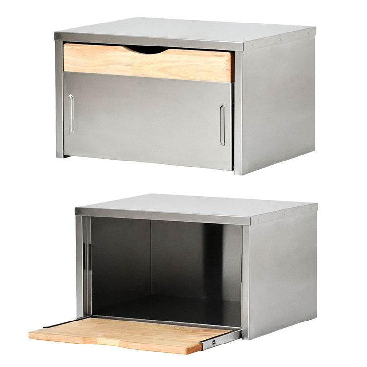 日本製 燕三条 ウッドとステンレスのブレッドケース 外せる木製トレー付き 頑丈 奥行28 トースターラック ブレッドケース 前開き 扉 キッチン収納 ブレッドボックス 食パン ジャム コーヒー 収納(代引不可)