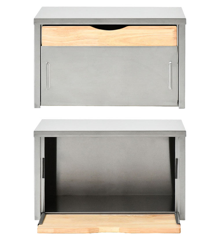 日本製 燕三条 ウッドとステンレスのブレッドケース 外せる木製トレー付き 頑丈 奥行28 トースターラック ブレッドケース 前開き 扉 キッチン収納 ブレッドボックス 食パン ジャム コーヒー 収納(代引不可)