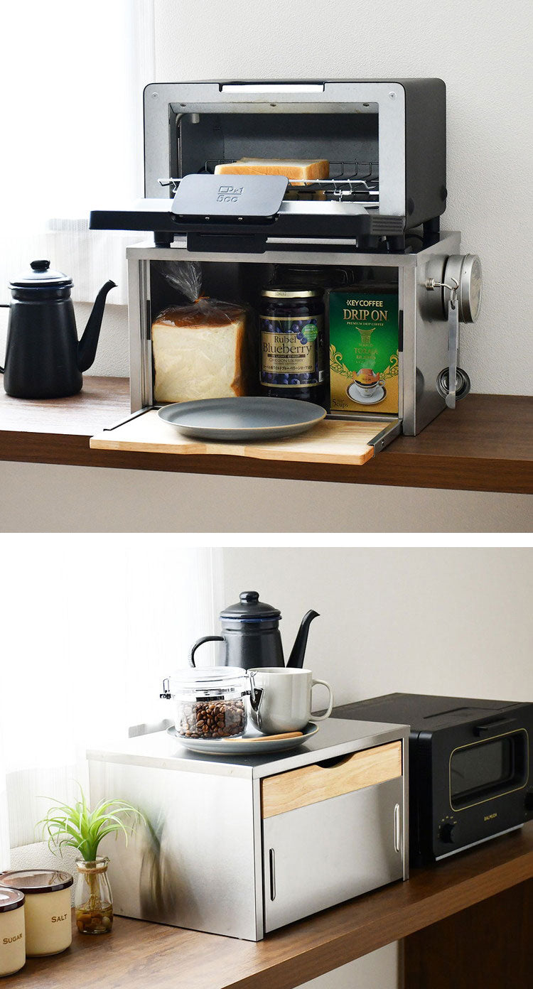 日本製 燕三条 ウッドとステンレスのブレッドケース 外せる木製トレー付き 頑丈 奥行28 トースターラック ブレッドケース 前開き 扉 キッチン収納 ブレッドボックス 食パン ジャム コーヒー 収納(代引不可)