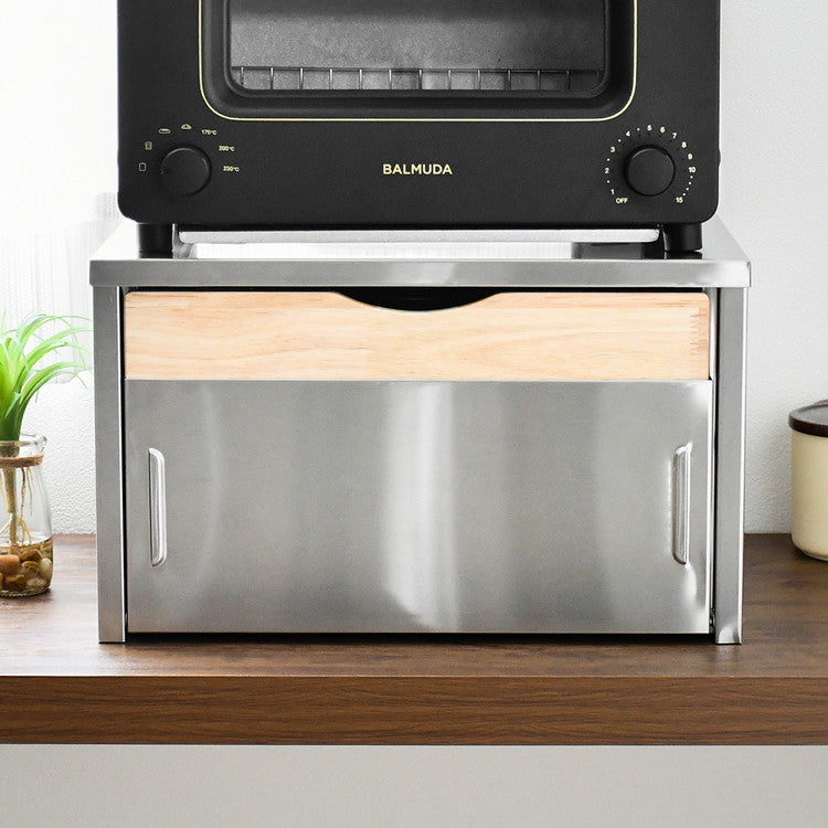 日本製 燕三条 ウッドとステンレスのブレッドケース 外せる木製トレー付き 頑丈 奥行28 トースターラック ブレッドケース 前開き 扉 キッチン収納 ブレッドボックス 食パン ジャム コーヒー 収納(代引不可)