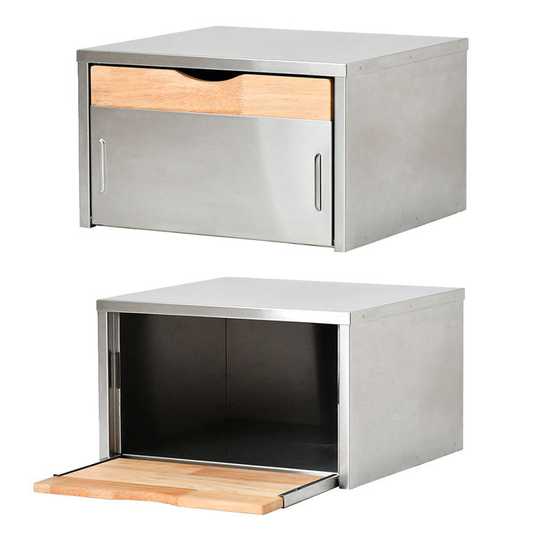 日本製 燕三条 ウッドとステンレスのブレッドケース 外せる木製トレー付き 頑丈 奥行35 トースターラック ブレッドケース 前開き 扉 キッチン収納 ブレッドボックス 食パン ジャム コーヒー 収納(代引不可)