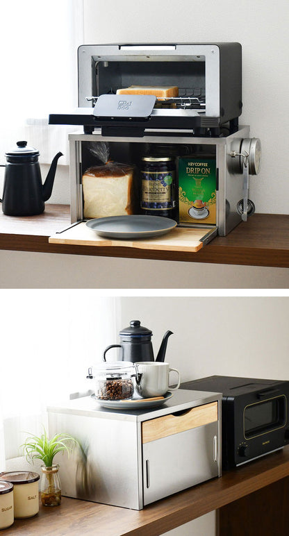 日本製 燕三条 ウッドとステンレスのブレッドケース 外せる木製トレー付き 頑丈 奥行35 トースターラック ブレッドケース 前開き 扉 キッチン収納 ブレッドボックス 食パン ジャム コーヒー 収納(代引不可)