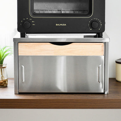 日本製 燕三条 ウッドとステンレスのブレッドケース 外せる木製トレー付き 頑丈 奥行35 トースターラック ブレッドケース 前開き 扉 キッチン収納 ブレッドボックス 食パン ジャム コーヒー 収納(代引不可)