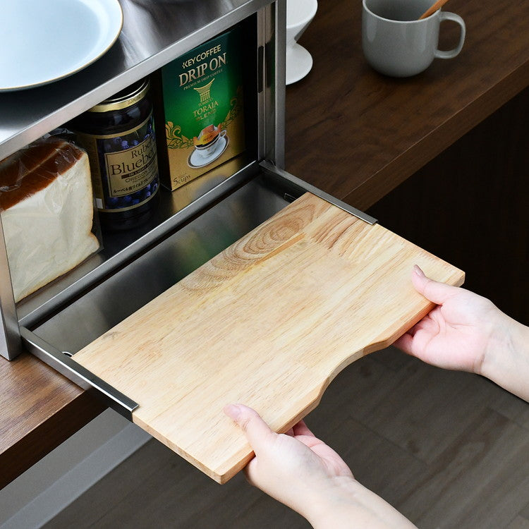 日本製 燕三条 ウッドとステンレスのブレッドケース 外せる木製トレー付き 頑丈 奥行35 トースターラック ブレッドケース 前開き 扉 キッチン収納 ブレッドボックス 食パン ジャム コーヒー 収納(代引不可)