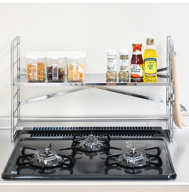 日本製 燕三条 排気口カバー付き コンロ奥多機能ラック 幅65cm 2段 コンロ幅60用 コンロ奥ラック ステンレス棚 調味料ラック スパイスラック キッチンラック キッチン収納(代引不可)