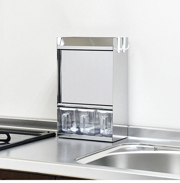 日本製 燕三条 フラップ扉のステンレススパイスラック ポット3 調味料ラック 扉付き 調味料ストッカー スパイスラック 調味料ポット付き 省スペース キッチン収納 おしゃれ(代引不可)