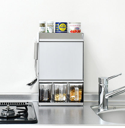 日本製 燕三条 フラップ扉のステンレススパイスラック ポット3 調味料ラック 扉付き 調味料ストッカー スパイスラック 調味料ポット付き 省スペース キッチン収納 おしゃれ(代引不可)