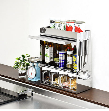 日本製 燕三条 フラップ扉のステンレススパイスラック ポット4 調味料ラック 扉付き 調味料ストッカー スパイスラック 調味料ポット付き 省スペース キッチン収納 おしゃれ(代引不可)