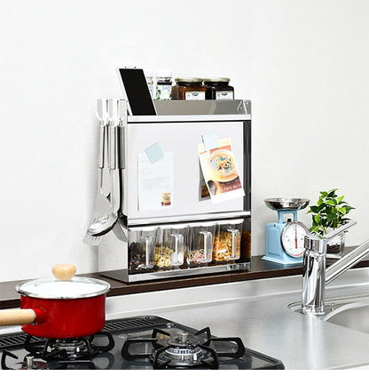 日本製 燕三条 フラップ扉のステンレススパイスラック ポット4 調味料ラック 扉付き 調味料ストッカー スパイスラック 調味料ポット付き 省スペース キッチン収納 おしゃれ(代引不可)