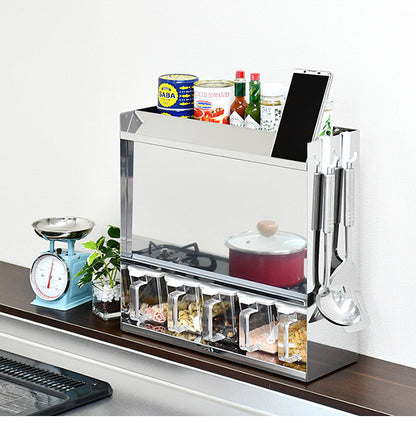 日本製 燕三条 フラップ扉のステンレススパイスラック ポット5 調味料ラック 扉付き 調味料ストッカー スパイスラック 調味料ポット付き 省スペース キッチン収納 おしゃれ(代引不可)