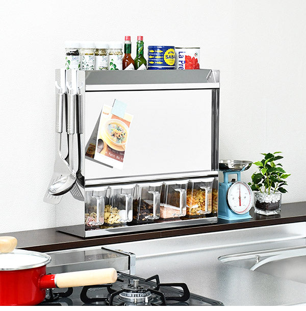 日本製 燕三条 フラップ扉のステンレススパイスラック ポット5 調味料ラック 扉付き 調味料ストッカー スパイスラック 調味料ポット付き 省スペース キッチン収納 おしゃれ(代引不可)