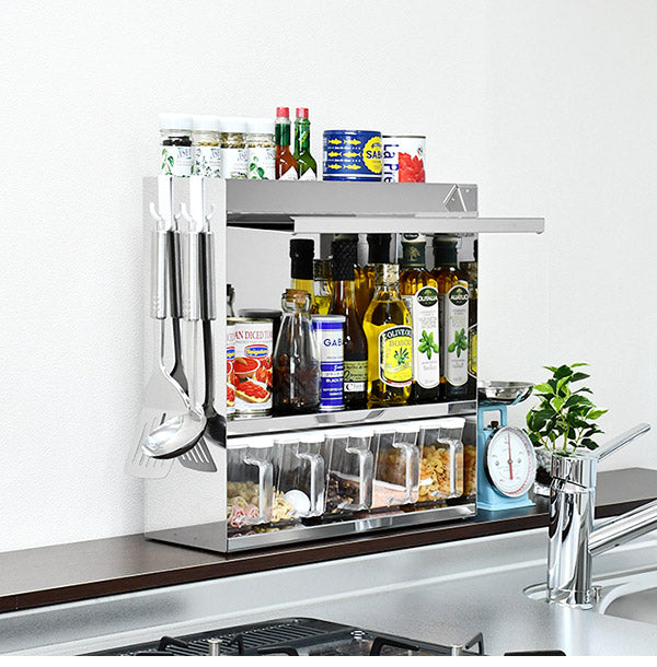日本製 燕三条 フラップ扉のステンレススパイスラック ポット5 調味料ラック 扉付き 調味料ストッカー スパイスラック 調味料ポット付き 省スペース キッチン収納 おしゃれ(代引不可)