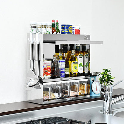 日本製 燕三条 フラップ扉のステンレススパイスラック ポット5 調味料ラック 扉付き 調味料ストッカー スパイスラック 調味料ポット付き 省スペース キッチン収納 おしゃれ(代引不可)