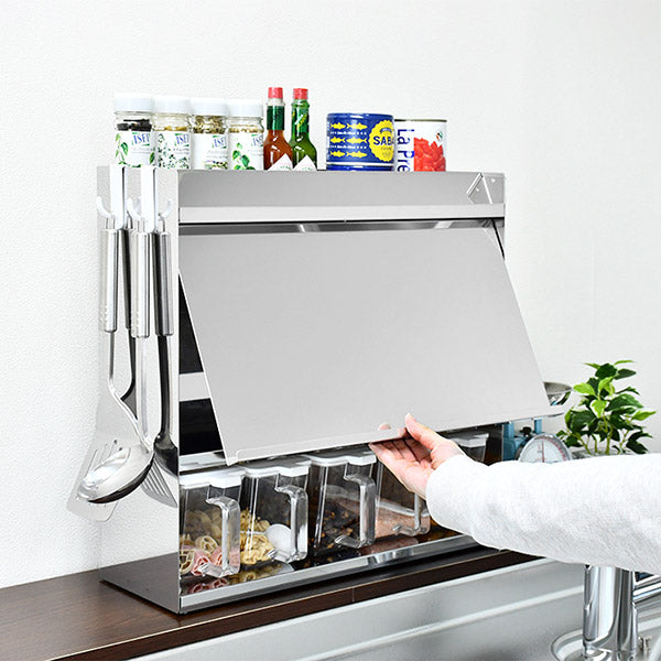 日本製 燕三条 フラップ扉のステンレススパイスラック ポット5 調味料ラック 扉付き 調味料ストッカー スパイスラック 調味料ポット付き 省スペース キッチン収納 おしゃれ(代引不可)