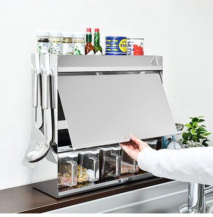 日本製 燕三条 フラップ扉のステンレススパイスラック ポット5 調味料ラック 扉付き 調味料ストッカー スパイスラック 調味料ポット付き 省スペース キッチン収納 おしゃれ(代引不可)