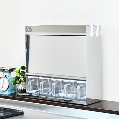 日本製 燕三条 フラップ扉のステンレススパイスラック ポット5 調味料ラック 扉付き 調味料ストッカー スパイスラック 調味料ポット付き 省スペース キッチン収納 おしゃれ(代引不可)