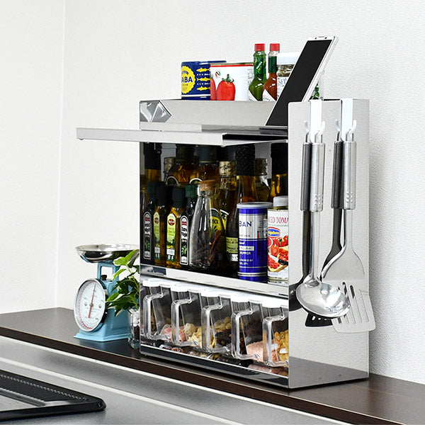 日本製 燕三条 フラップ扉のステンレススパイスラック ポット5 調味料ラック 扉付き 調味料ストッカー スパイスラック 調味料ポット付き 省スペース キッチン収納 おしゃれ(代引不可)
