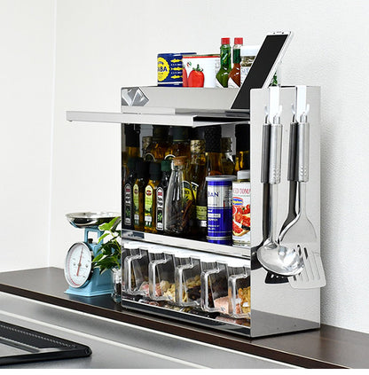 日本製 燕三条 フラップ扉のステンレススパイスラック ポット5 調味料ラック 扉付き 調味料ストッカー スパイスラック 調味料ポット付き 省スペース キッチン収納 おしゃれ(代引不可)