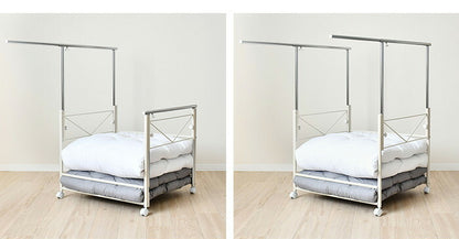 日本製 布団も干せる 押入れ布団収納 幅74.5 頑丈ワゴン 伸長式 物干し竿 物干しスタンド 布団干し 布団収納 押入れ収納 押し入れ収納 キャスター付き 布団収納ラック(代引不可)