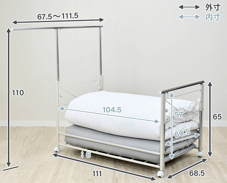 日本製 布団も干せる 押入れ布団収納 敷布団対応 ワイド 幅111 頑丈ワゴン 伸長式 物干し竿 物干しスタンド 布団干し 布団収納 押入れ収納 押し入れ収納 キャスター付き 布団収納ラック(代引不可)