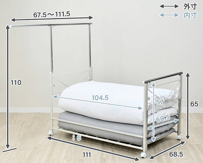 日本製 布団も干せる 押入れ布団収納 敷布団対応 ワイド 幅111 頑丈ワゴン 伸長式 物干し竿 物干しスタンド 布団干し 布団収納 押入れ収納 押し入れ収納 キャスター付き 布団収納ラック(代引不可)