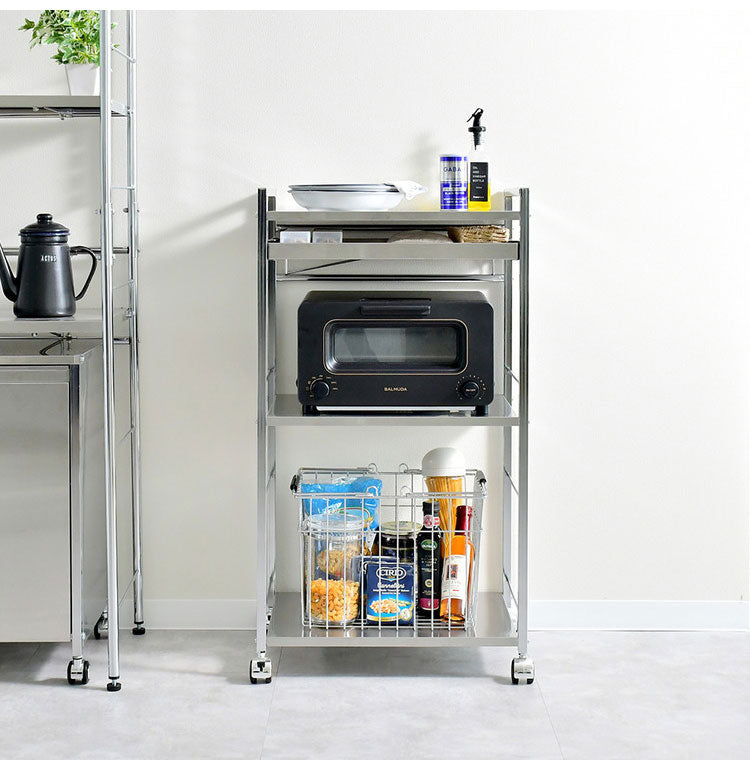 日本製 燕三条 ハンドル付き ステンレス作業台ワゴン 幅50cm 引出し付き キッチンワゴン 調理台 キャスター付き 引き出し付き 棚 ラック スリム キッチン収納 おしゃれ(代引不可)