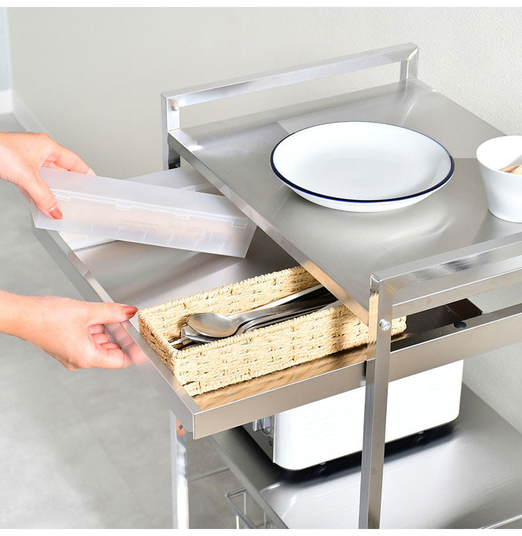 日本製 燕三条 ハンドル付き ステンレス作業台ワゴン 幅50cm 引出し付き キッチンワゴン 調理台 キャスター付き 引き出し付き 棚 ラック スリム キッチン収納 おしゃれ(代引不可)