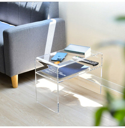 日本製 2way アクリルテーブル コの字型 完成品 10mm厚アクリル使用 透明 クリア サイドテーブル ソファテーブル センターテーブル 棚付き コンソール 燕三条 おしゃれ(代引不可)