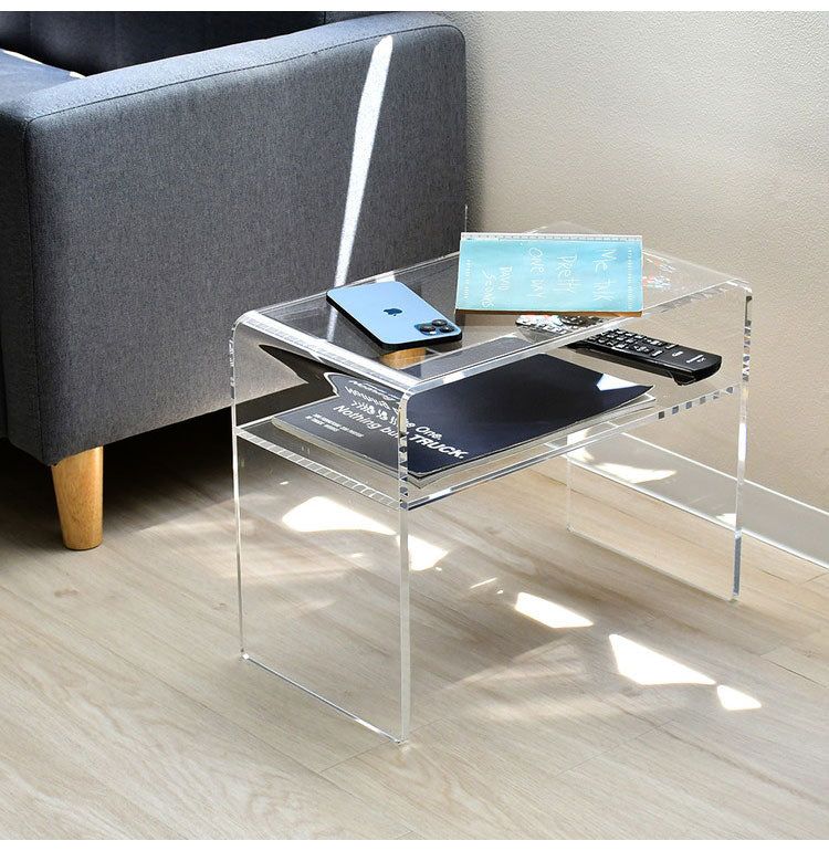 日本製 2way アクリルテーブル コの字型 完成品 10mm厚アクリル使用 透明 クリア サイドテーブル ソファテーブル センターテーブル 棚付き コンソール 燕三条 おしゃれ(代引不可)
